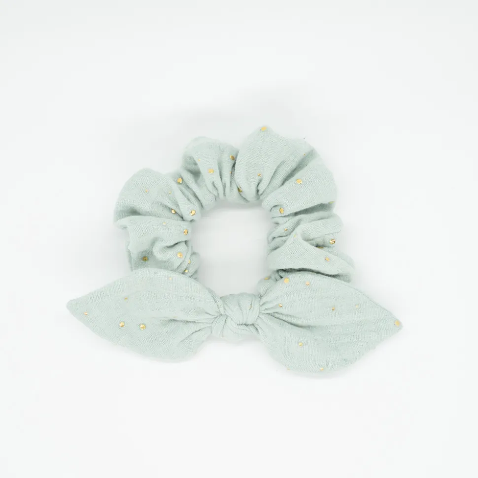Coletero scrunchie lazo gasa verde mint topos oro