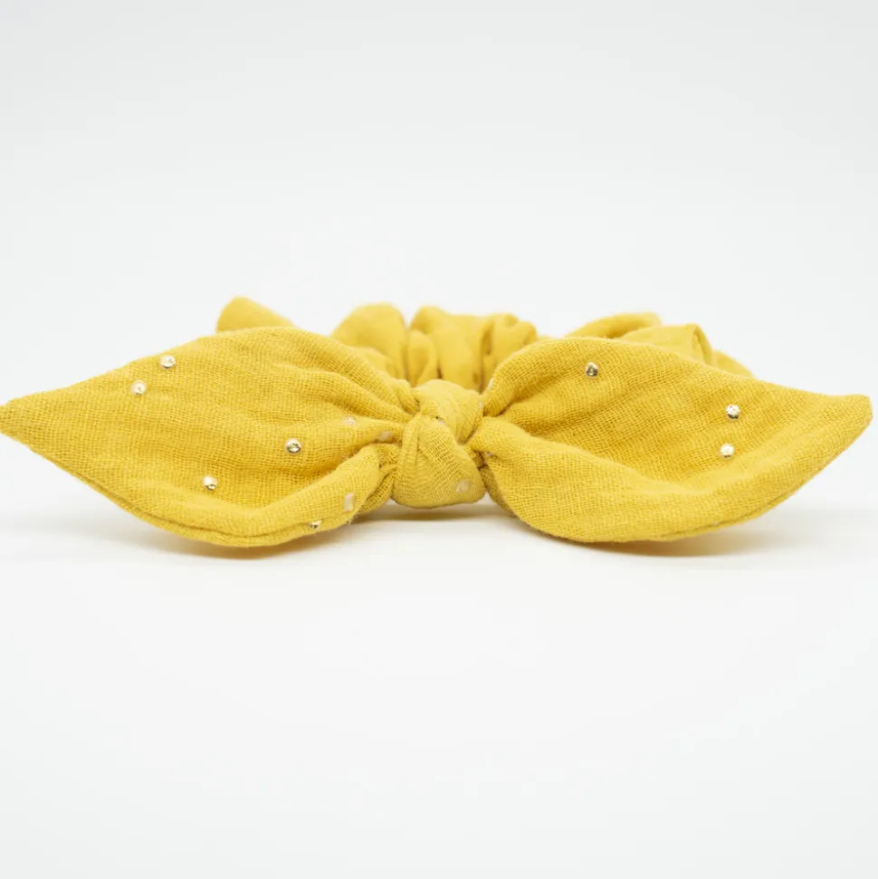 Coletero scrunchie lazo gasa amarillo ocre topos oro