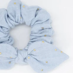Coletero scrunchie lazo gasa azul celeste topos oro