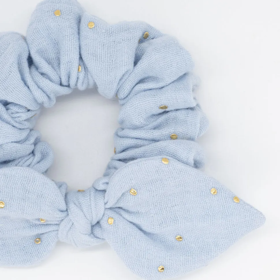 Coletero scrunchie lazo gasa azul celeste topos oro