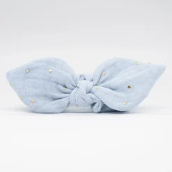 Coletero scrunchie lazo gasa azul celeste topos oro