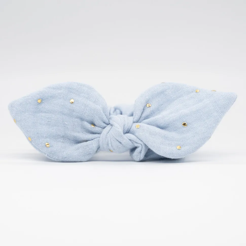 Coletero scrunchie lazo gasa azul celeste topos oro