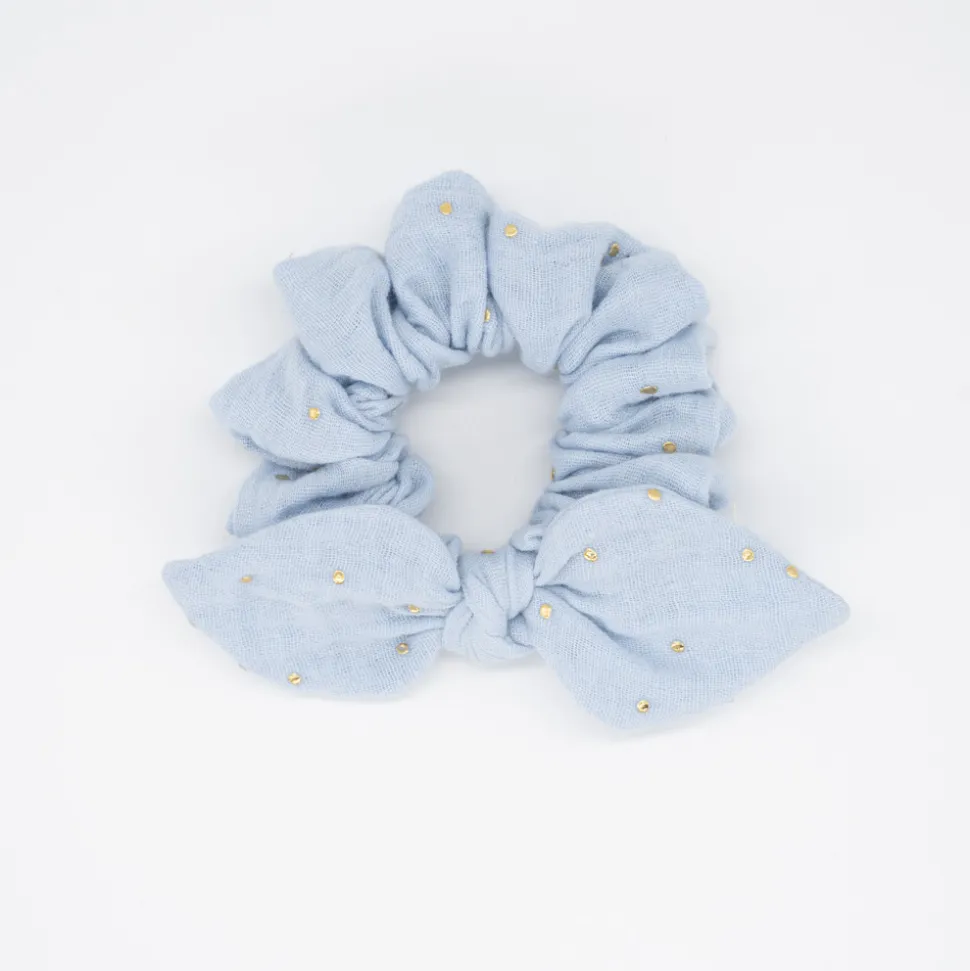 Coletero scrunchie lazo gasa azul celeste topos oro