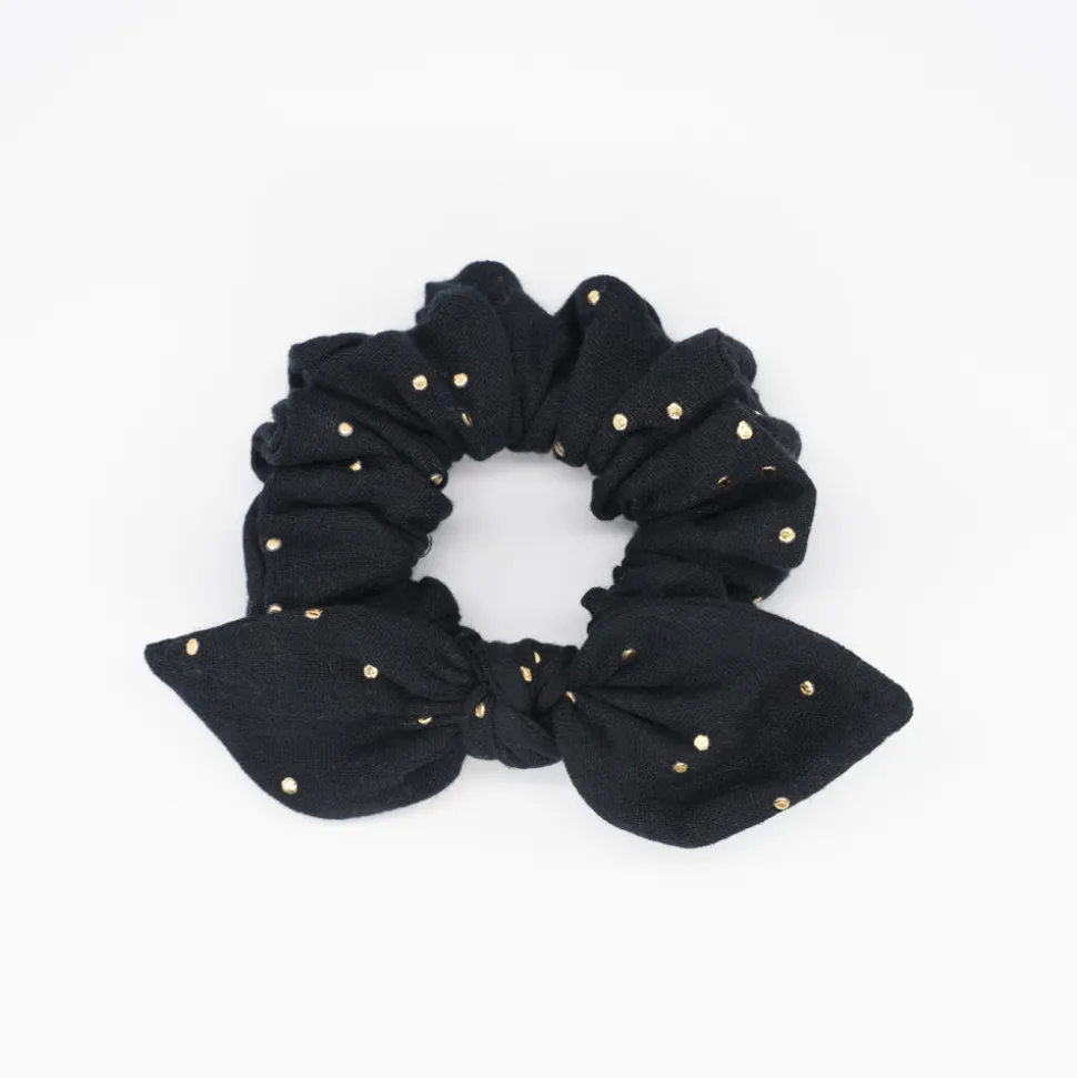 Coletero scrunchie lazo gasa negra topos oro
