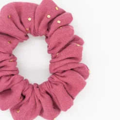 Coletero scrunchie rosa frambuesa topos dorados