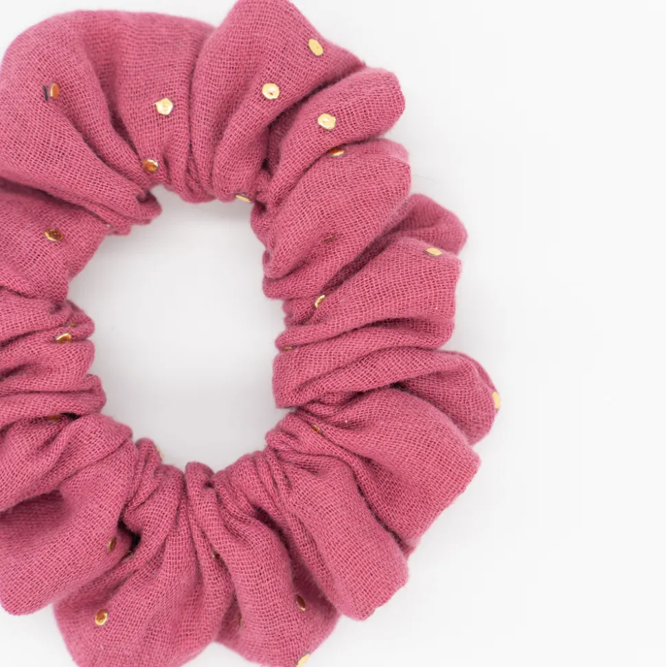 Coletero scrunchie rosa frambuesa topos dorados