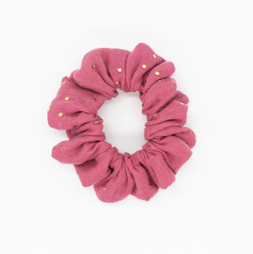Coletero scrunchie rosa frambuesa topos dorados