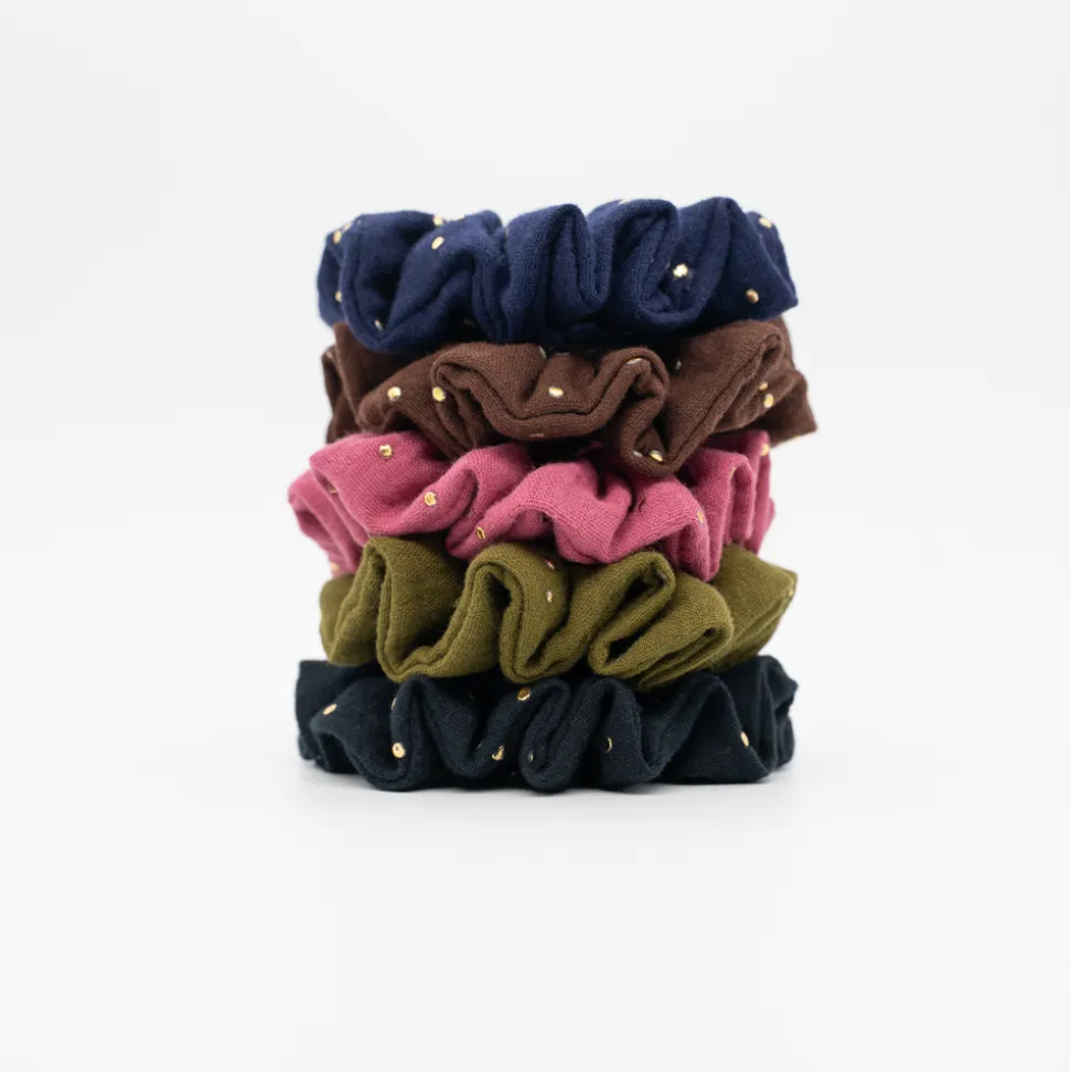 Coletero scrunchie rosa frambuesa topos dorados