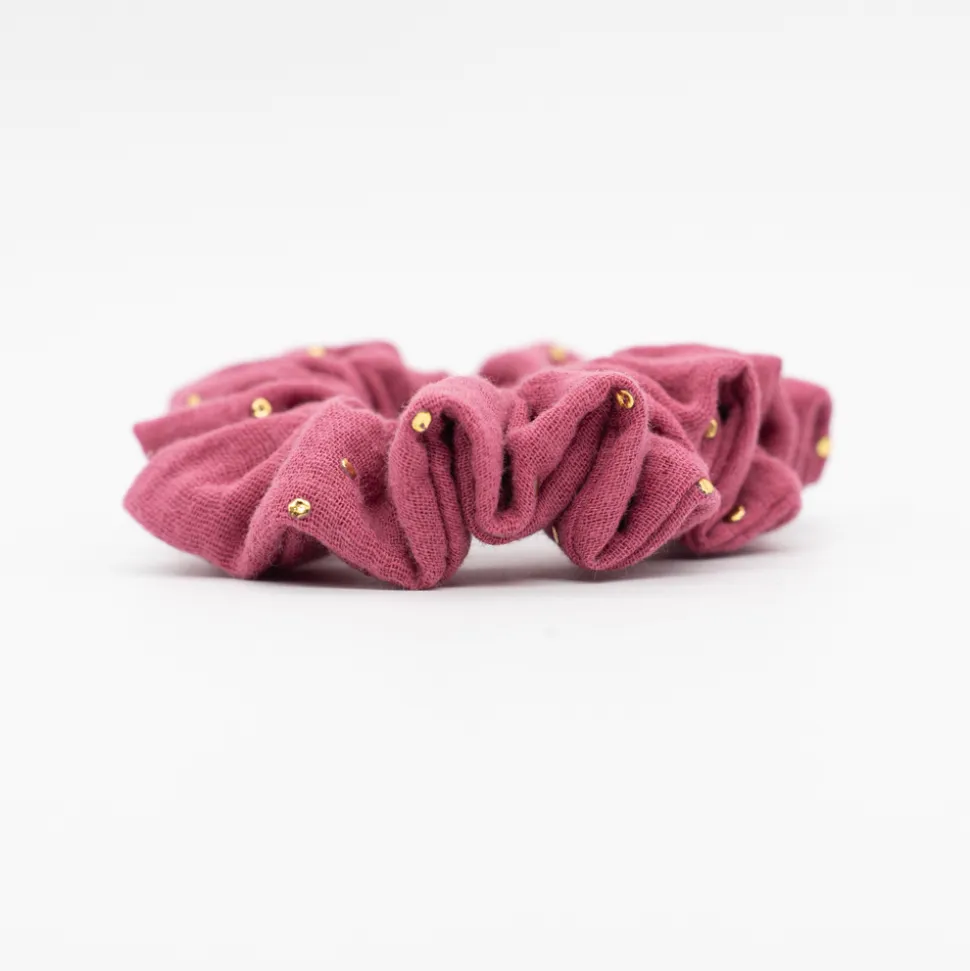 Coletero scrunchie rosa frambuesa topos dorados