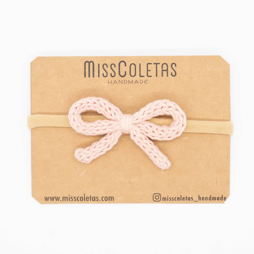 Diadema bebé lazo cordón crochet rosa