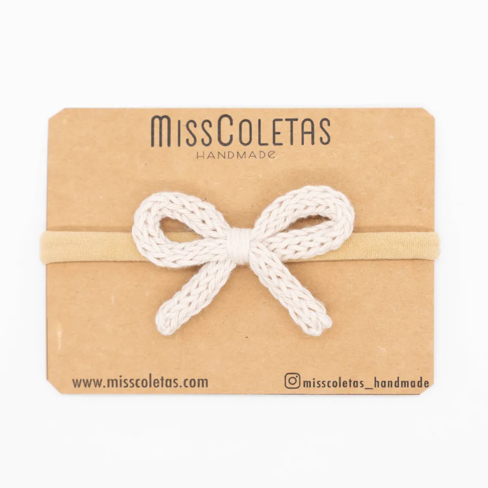 Diadema bebé lazo cordón crochet beige