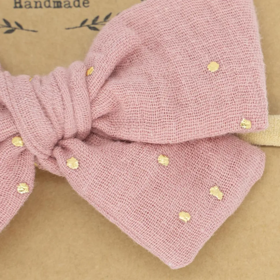 Diadema bebé lazo rosa topos oro