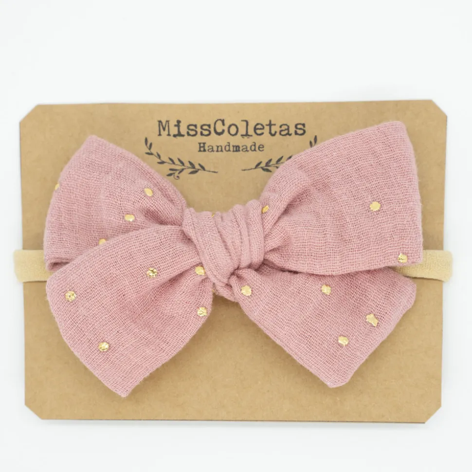 Diadema bebé lazo rosa topos oro