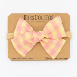 Diadema bebé lazo vichy bicolor rosa flamingo
