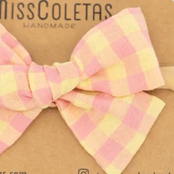 Diadema bebé lazo vichy bicolor rosa flamingo