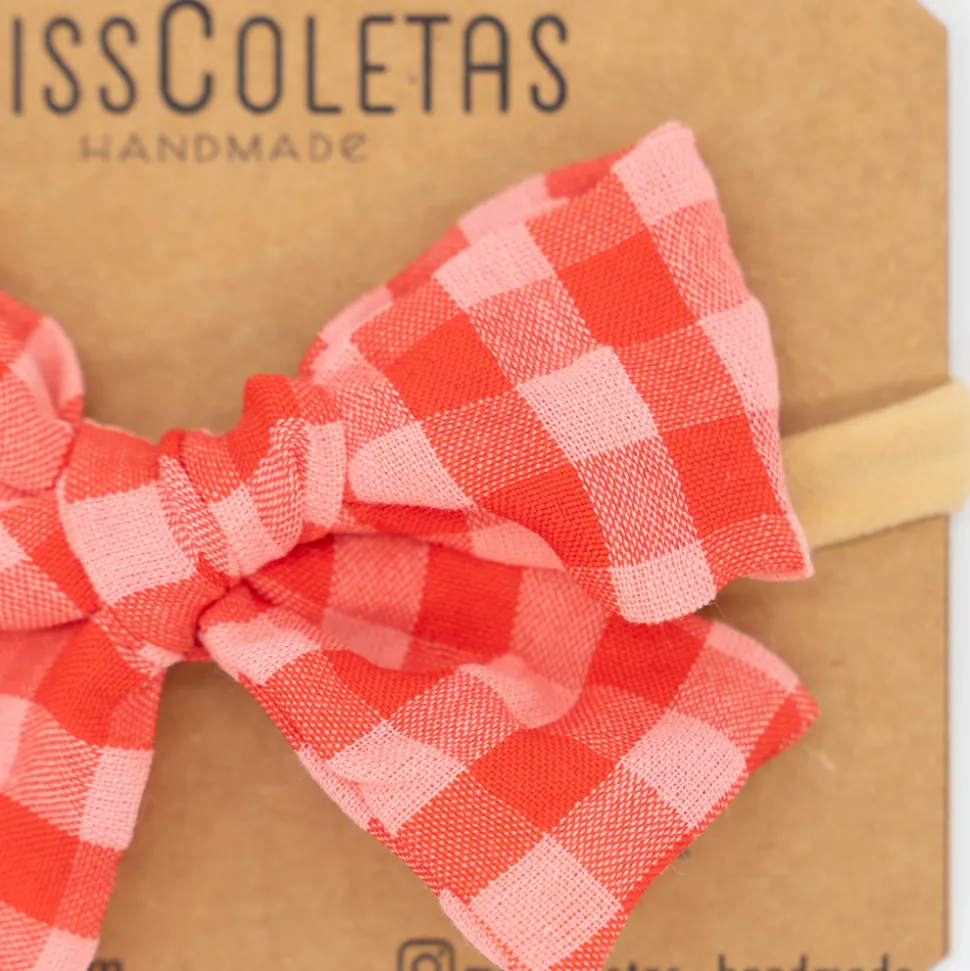 Diadema bebé lazo vichy bicolor fresa