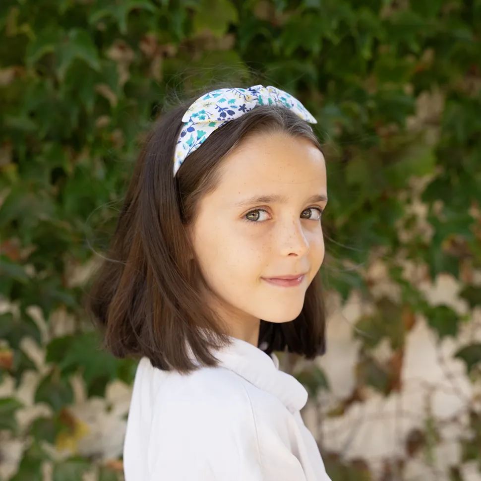 Diadema lazo chloé flores azules hecha a mano