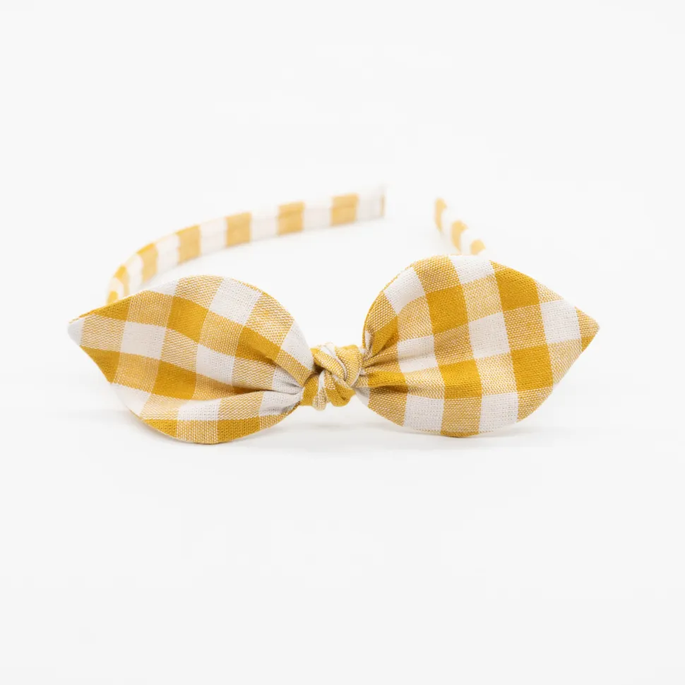 Diadema lazo vichy amarillo ocre hecha a mano