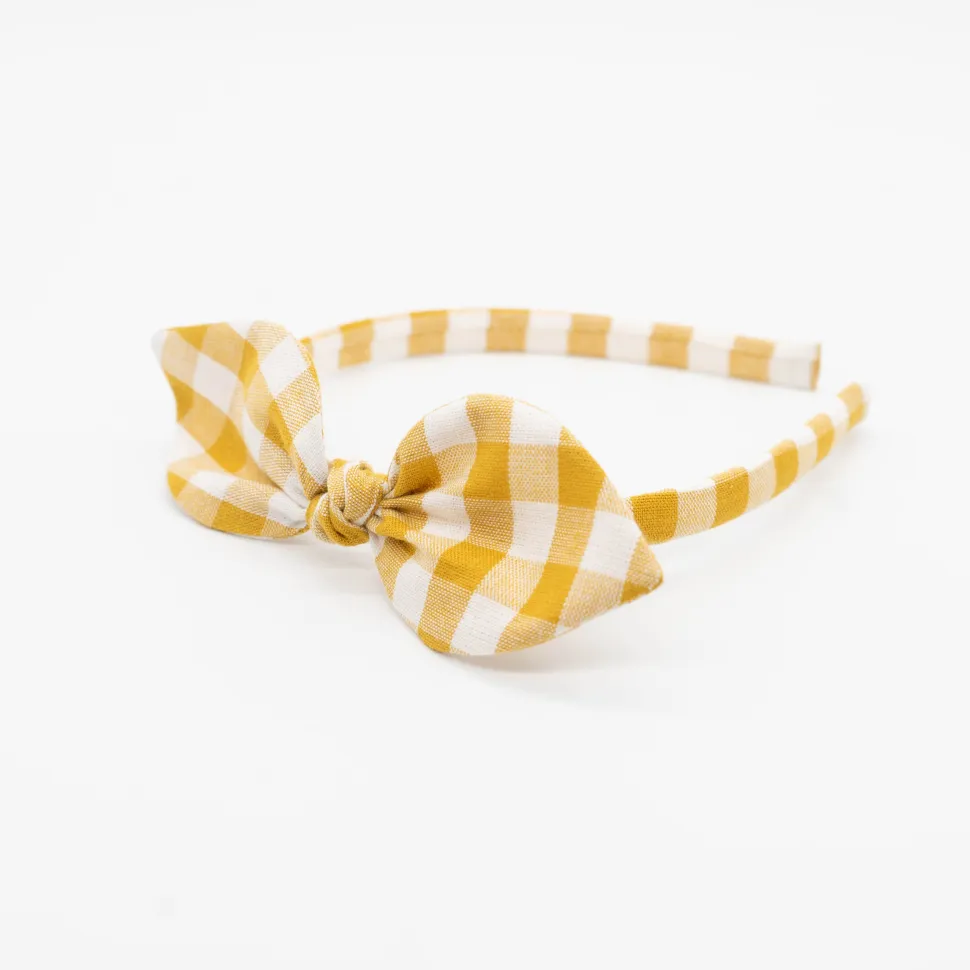 Diadema lazo vichy amarillo ocre hecha a mano