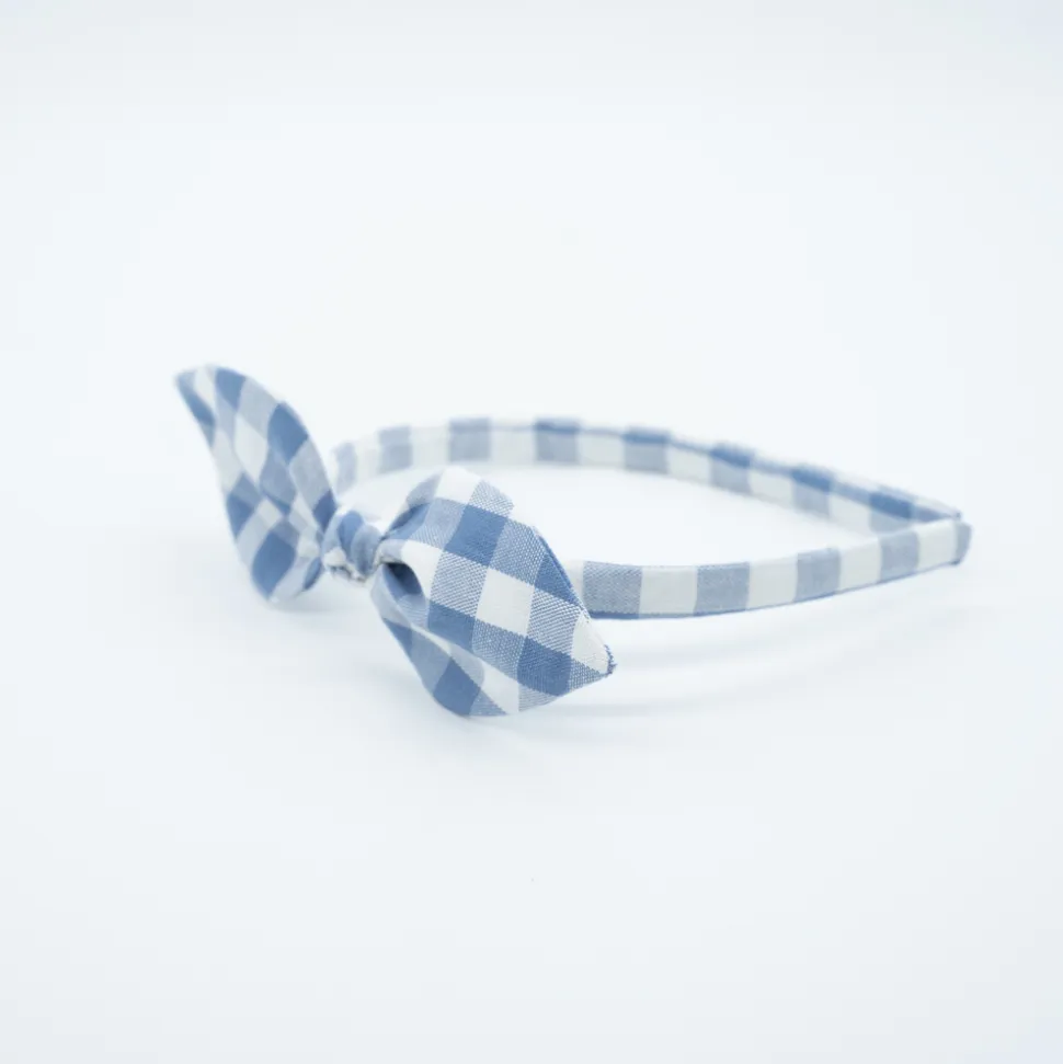 Diadema lazo vichy azul jean hecha a mano