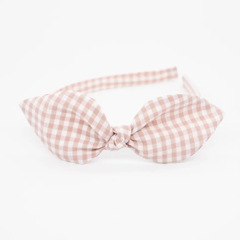 Diadema lazo vichy rosa nude hecha a mano