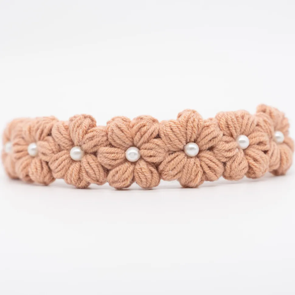 Diadema niña flores crochet perla rosa nude oscuro