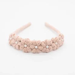 Diadema niña flores crochet perla rosa empolvado