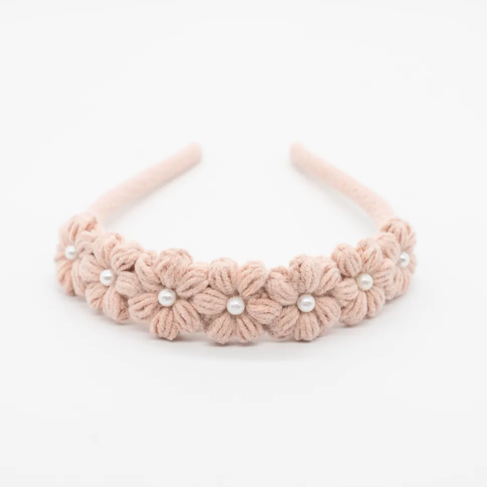 Diadema niña flores crochet perla rosa empolvado