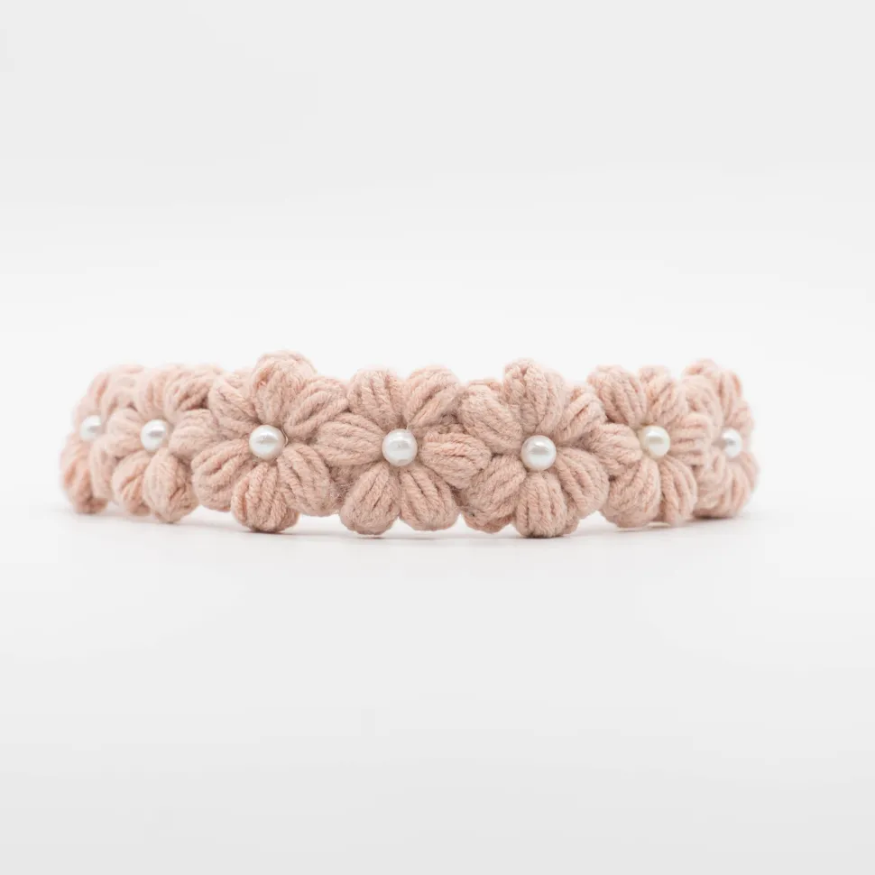 Diadema niña flores crochet perla rosa empolvado