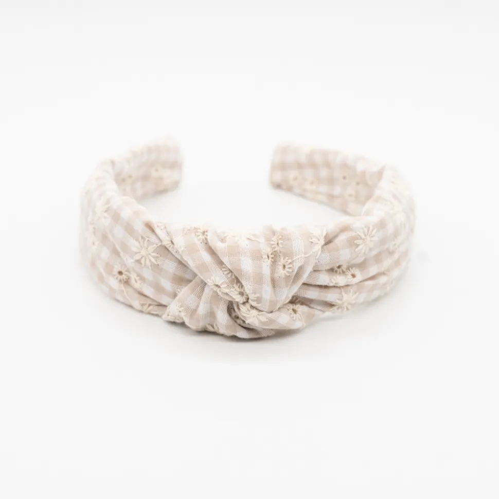 Diadema nudo bordada vichy beige hecha a mano