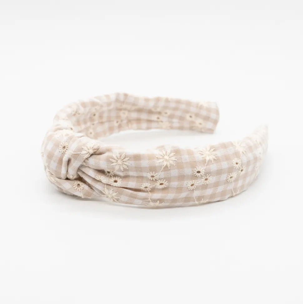 Diadema nudo bordada vichy beige hecha a mano
