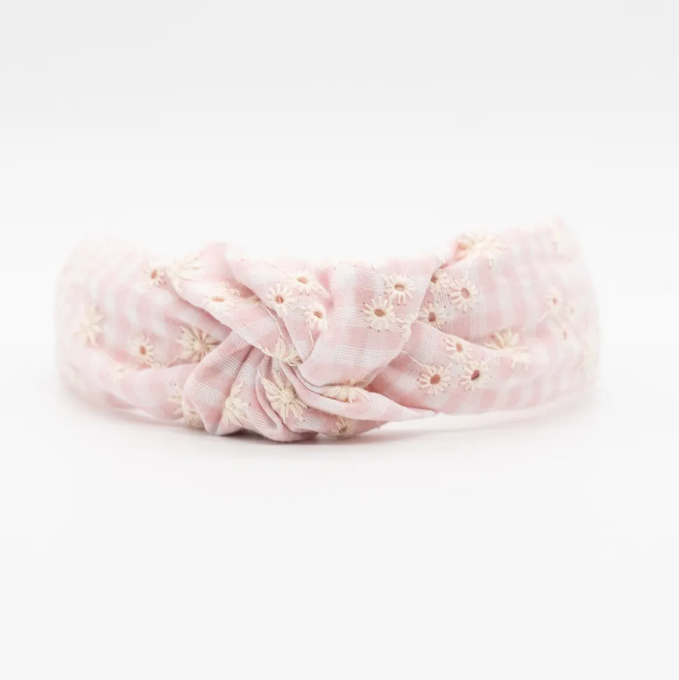Diadema nudo bordada vichy rosa hecha a mano
