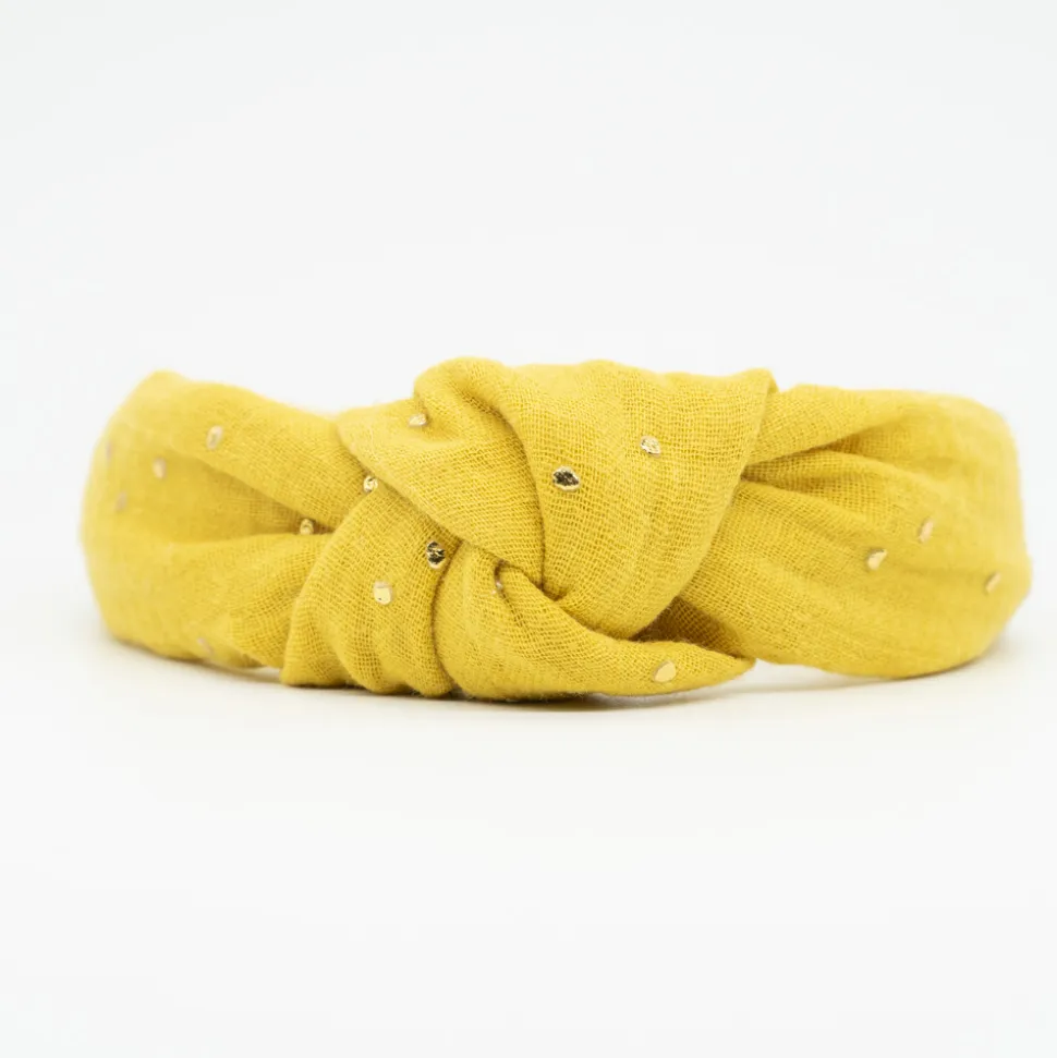 Diadema nudo gasa amarillo ocre topos oro hecha a mano