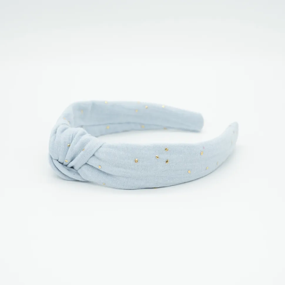 Diadema nudo gasa azul celeste topos oro hecha a mano