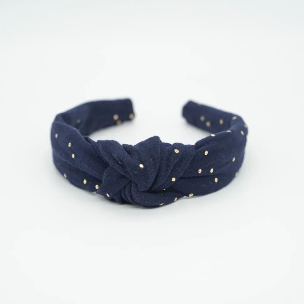 Diadema nudo gasa azul marino topos oro hecha a mano