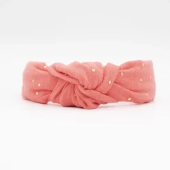 Diadema nudo gasa coral topos oro hecha a mano