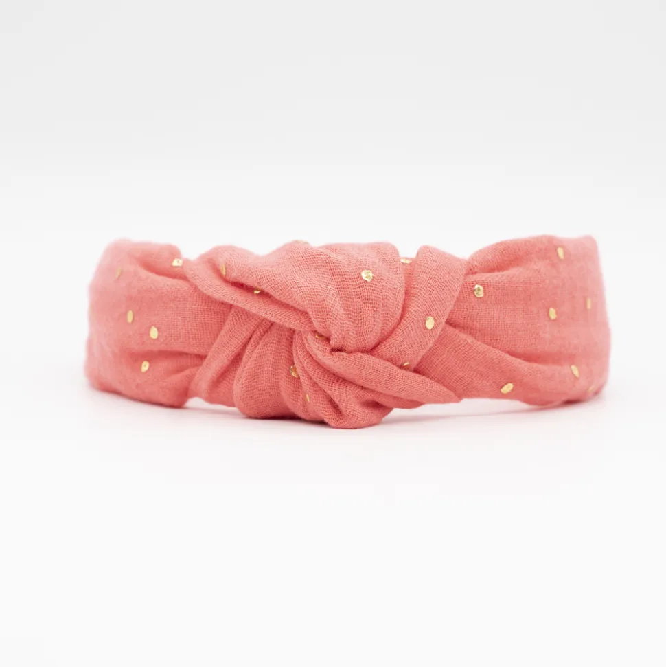 Diadema nudo gasa coral topos oro hecha a mano
