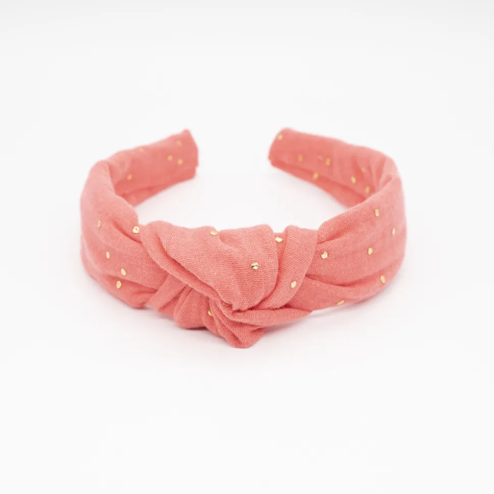 Diadema nudo gasa coral topos oro hecha a mano