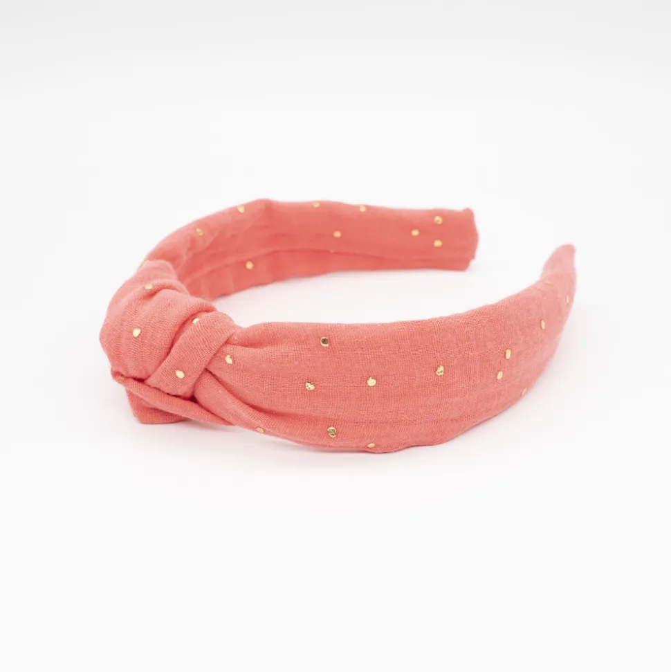 Diadema nudo gasa coral topos oro hecha a mano