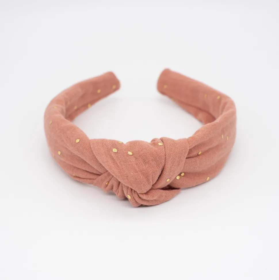 Diadema nudo gasa naranja terracota topos oro hecha a mano