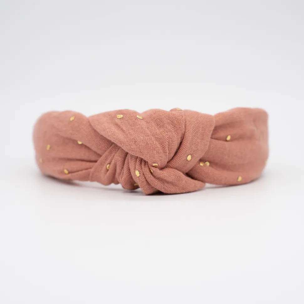 Diadema nudo gasa naranja terracota topos oro hecha a mano