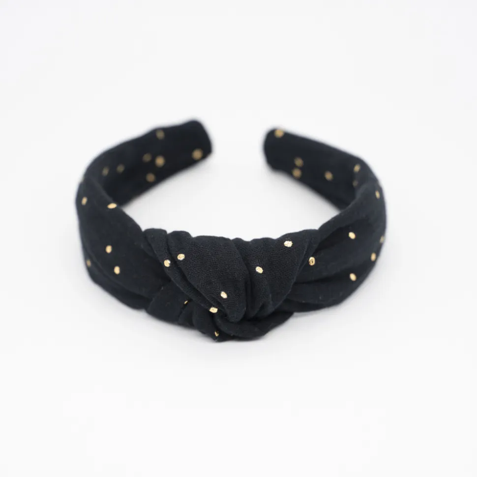 Diadema nudo gasa negra topos oro hecha a mano