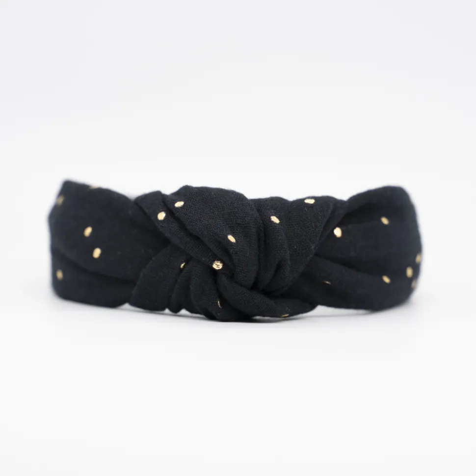 Diadema nudo gasa negra topos oro hecha a mano