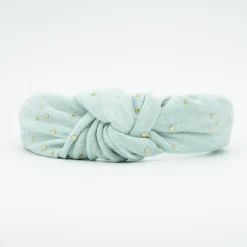 Diadema nudo gasa verde mint topos oro hecha a mano