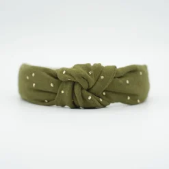 Diadema nudo gasa verde topos oro hecha a mano