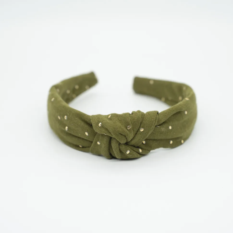 Diadema nudo gasa verde topos oro hecha a mano