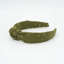 Diadema nudo gasa verde topos oro hecha a mano