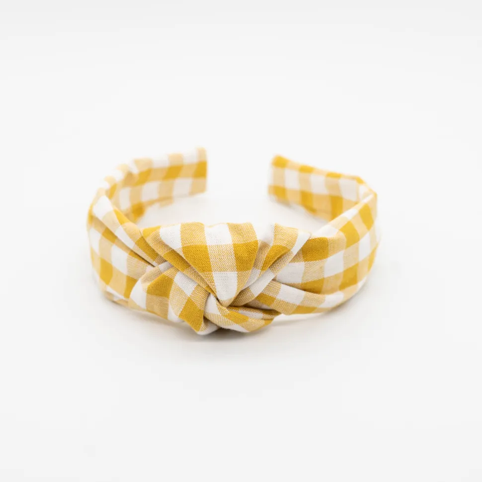 Diadema nudo vichy amarillo ocre hecha a mano