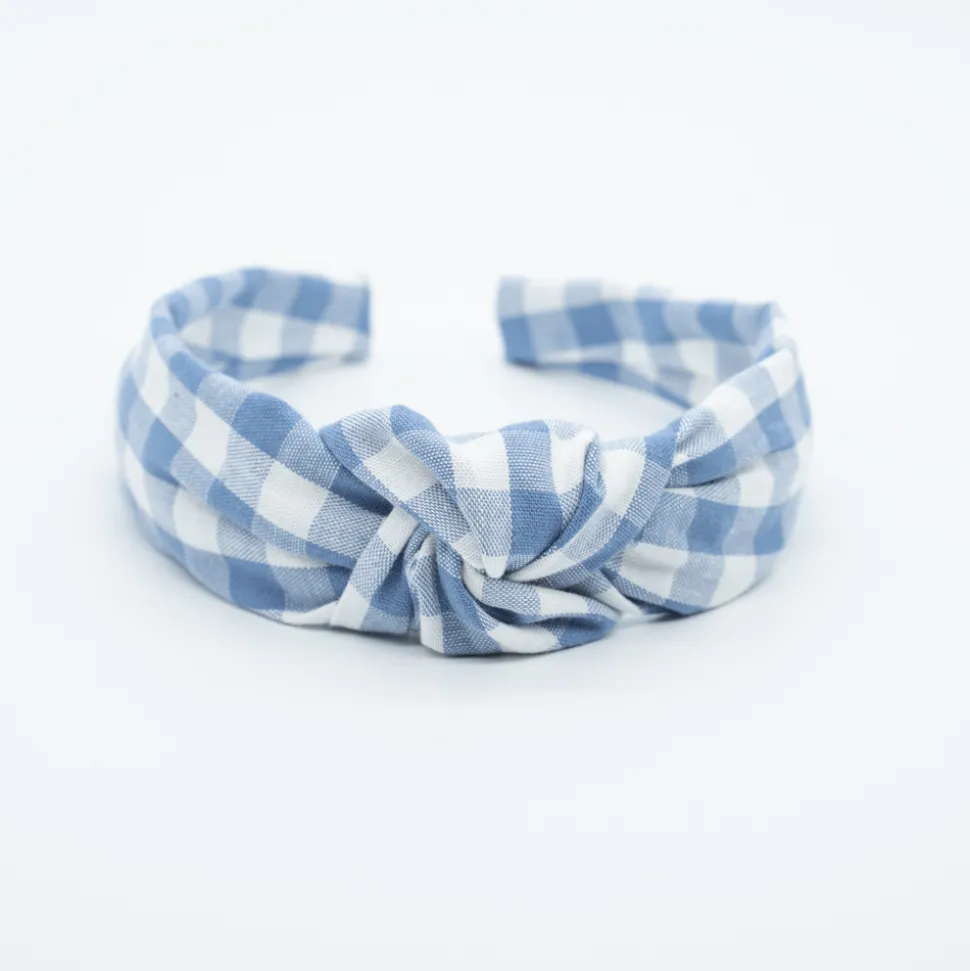 Diadema nudo vichy azul jean hecha a mano