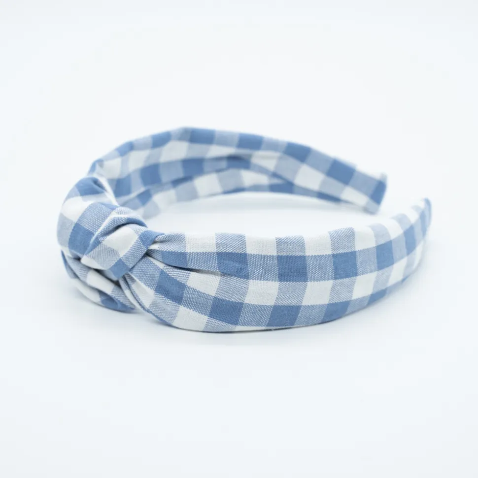Diadema nudo vichy azul jean hecha a mano